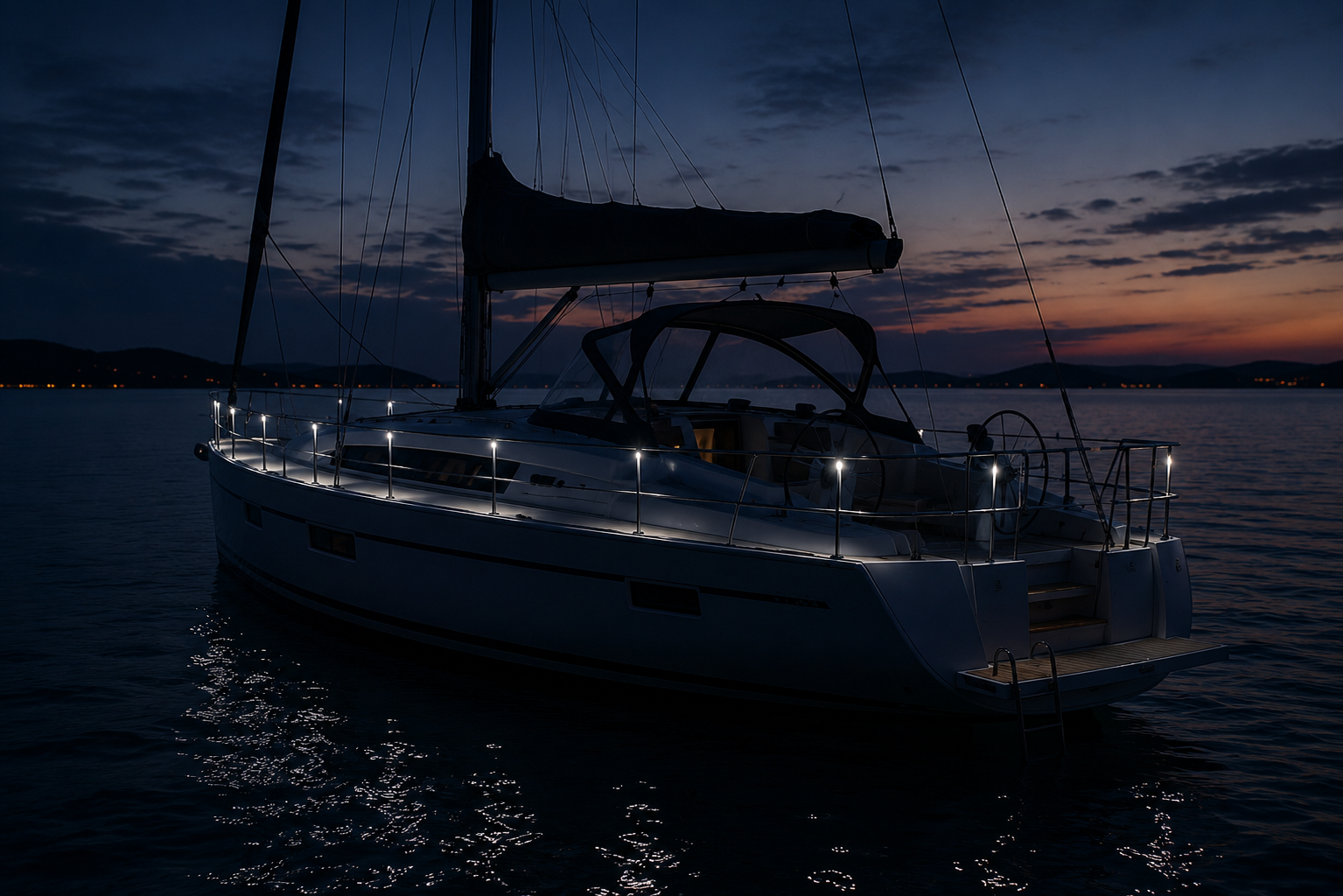 Sailing yacht at dusk with warm-white railing lights