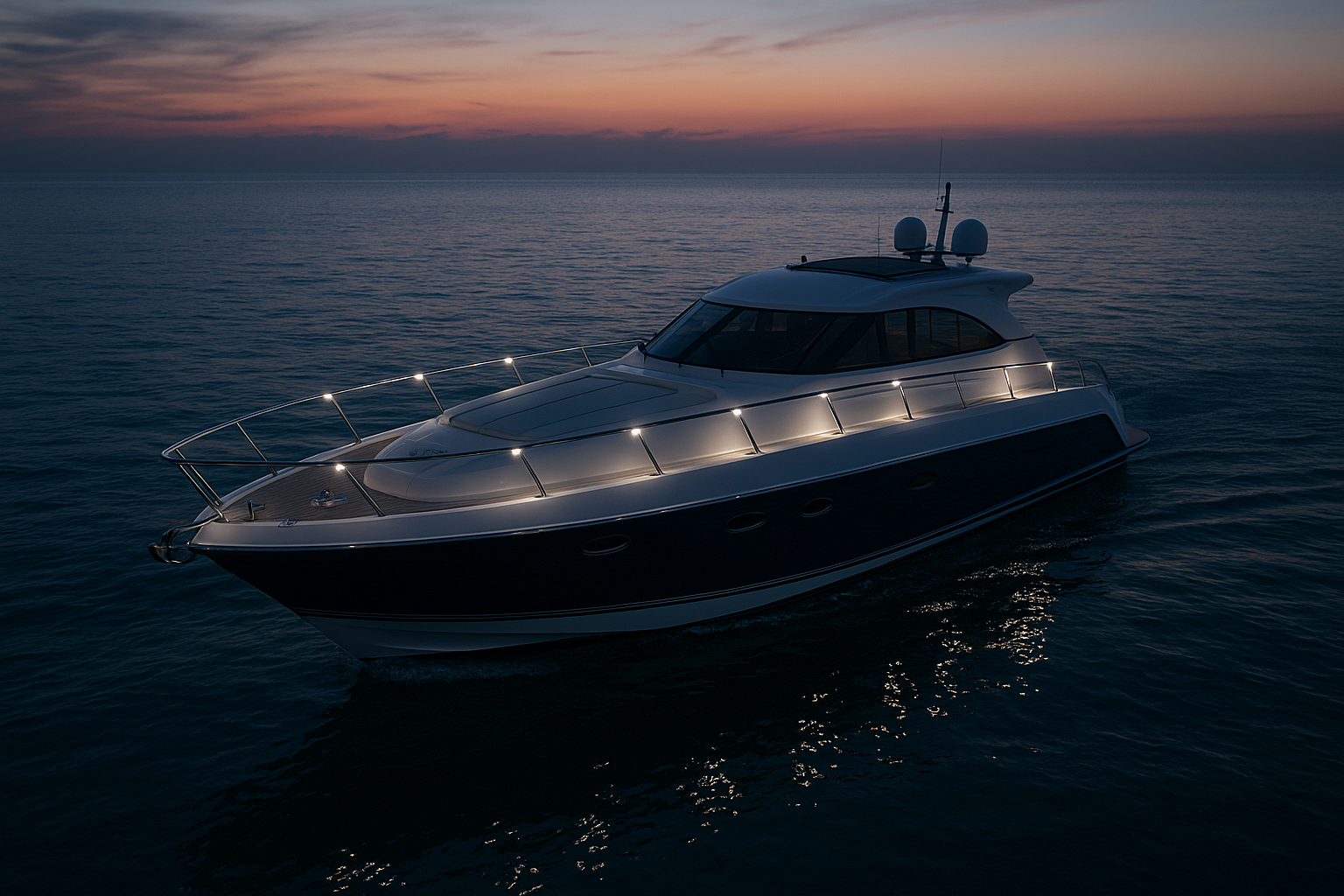 Modern yacht with subtle railing lights at dusk