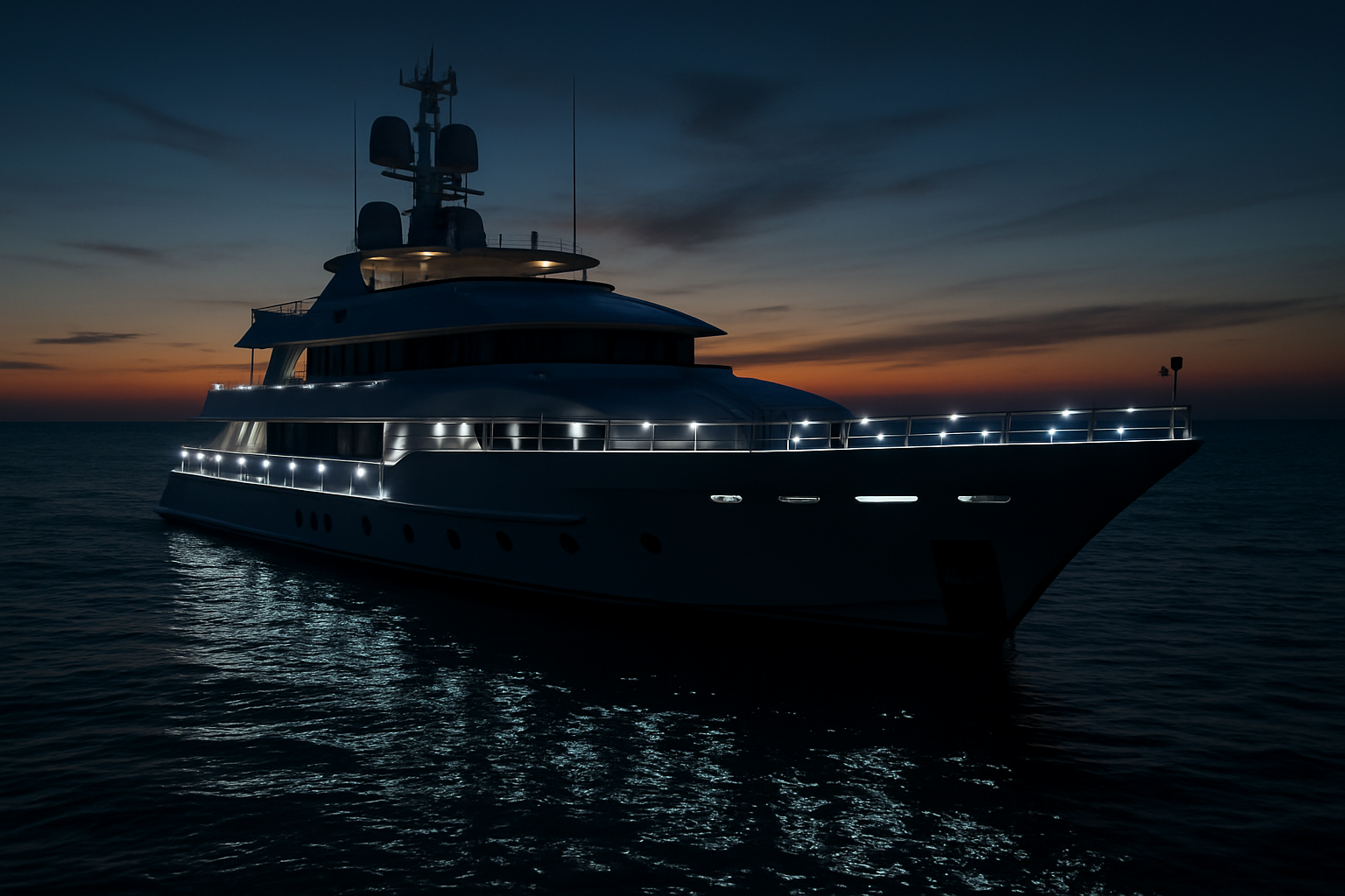 Yacht at night with railing lights