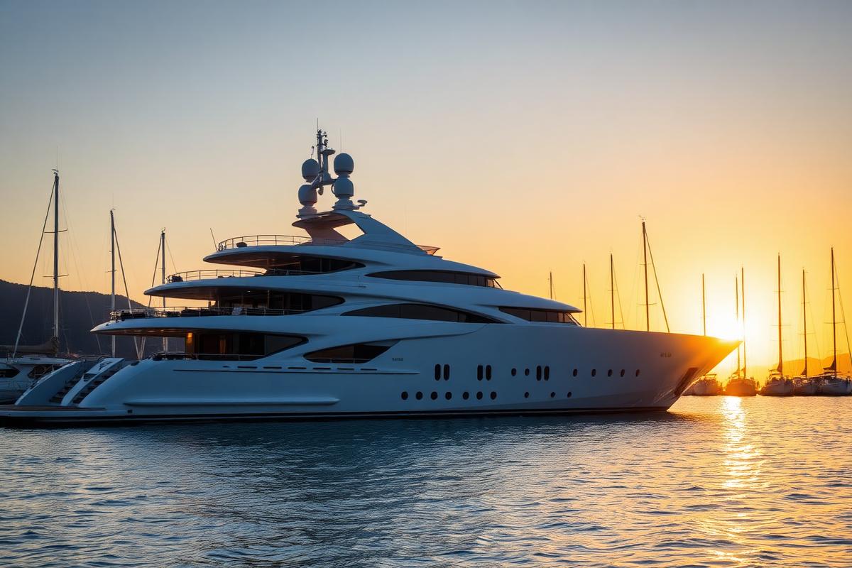 Superyacht at sunset in a marina